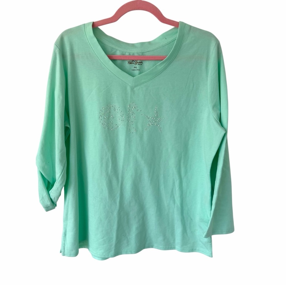 Palm Grove Petite PXL Mint Green Rhinestone Beach Top Seashell Seahorse Starfish